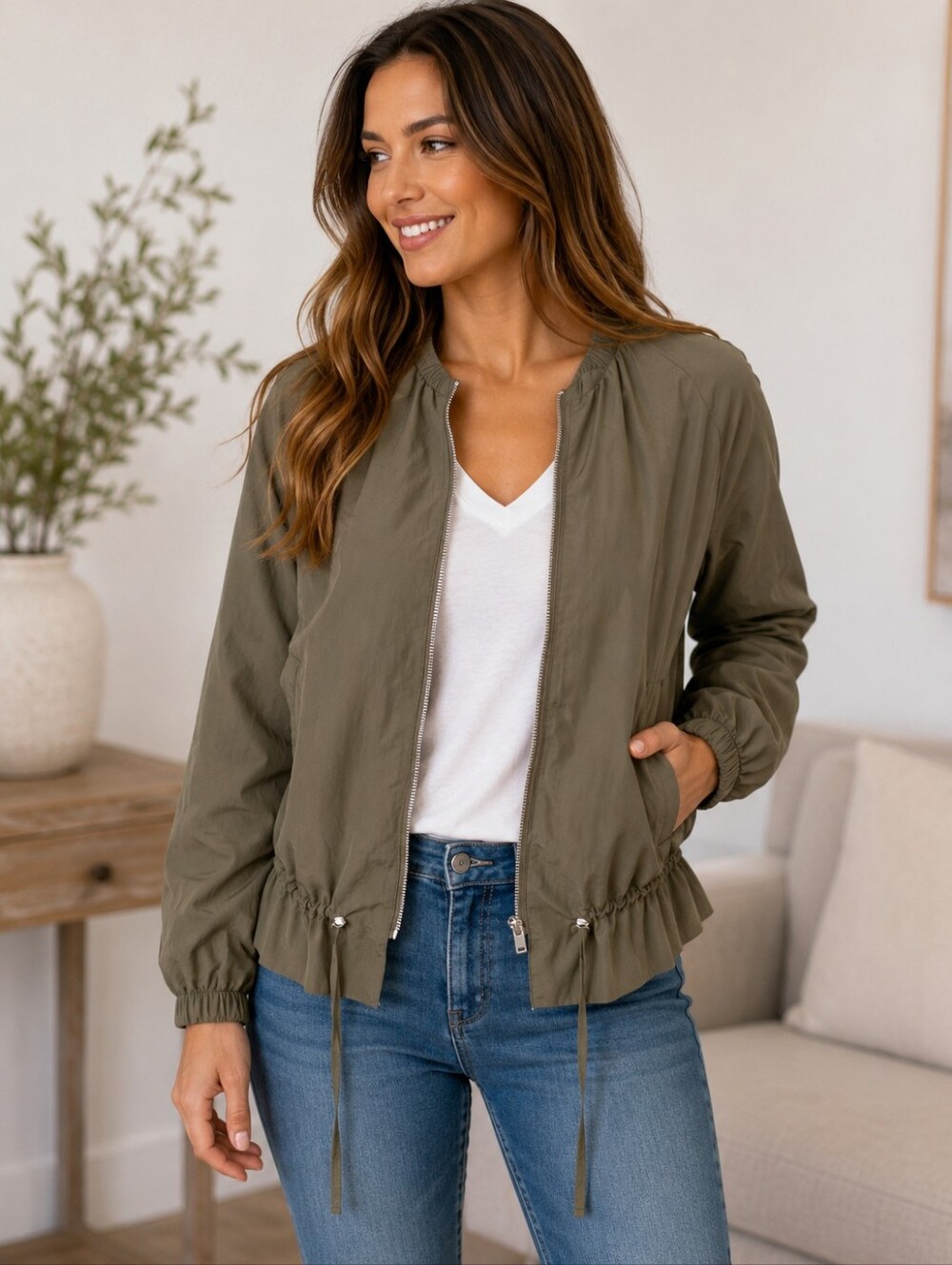 Zara Jacket Olive Green Cinch Waist Pockets Trendy